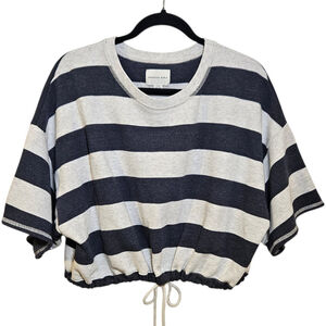 American Eagle Women’s Striped Crop Top Drawstring Navy Gray Boxy Tee Size Large